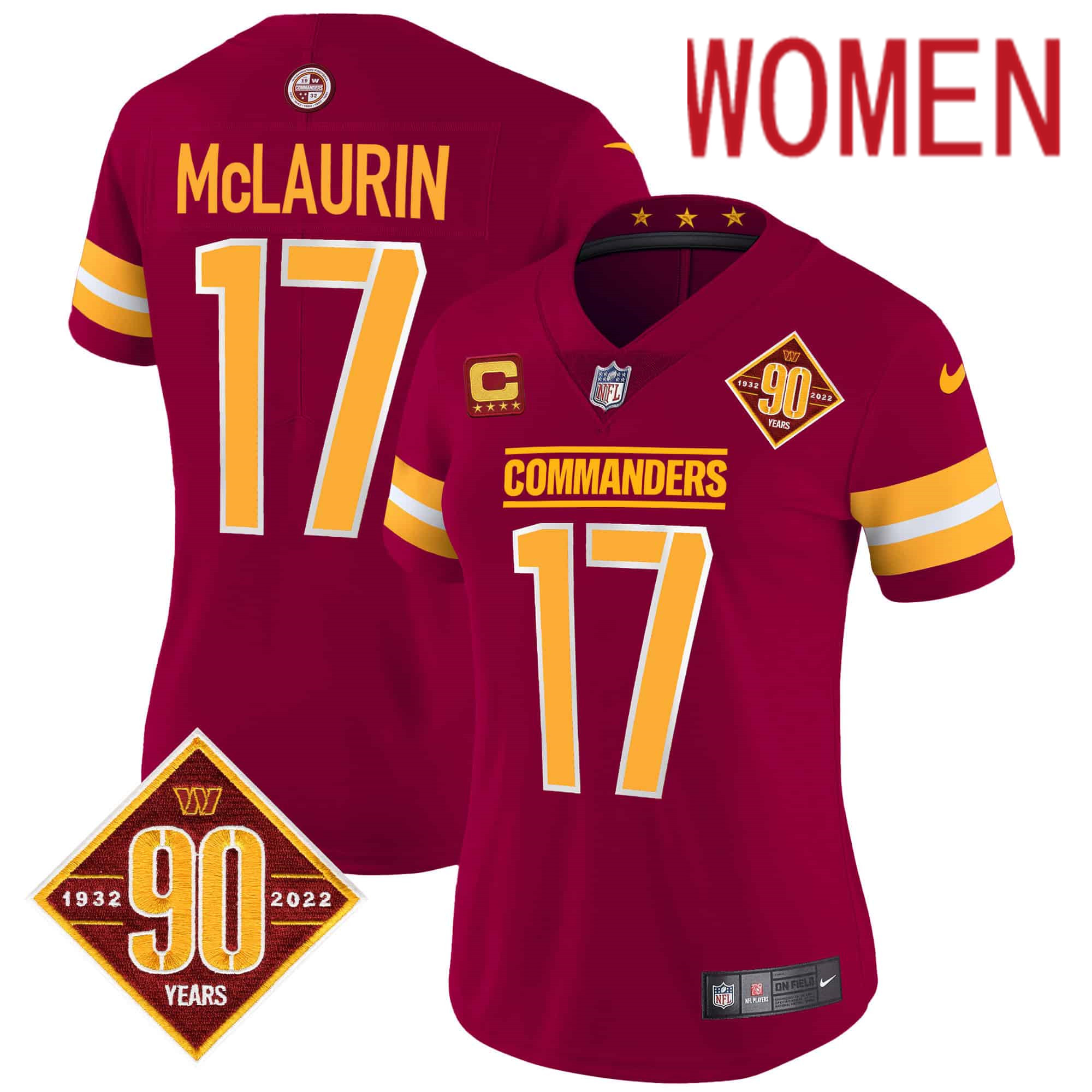 Women Washington Commanders 17 Mclaurin Red 90th Anniversary Patch 2024 Nike Vapor Limited NFL Jersey style 1